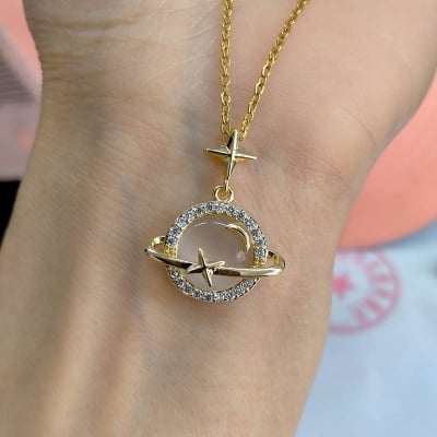 Picture of Cat Eye Planets Stylish Neckless for Girls or Women (Gold)