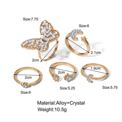 Picture of Stylish Butterfly Ring Set for girls/Women- 5Pcs Set (Gold,Adjustable)