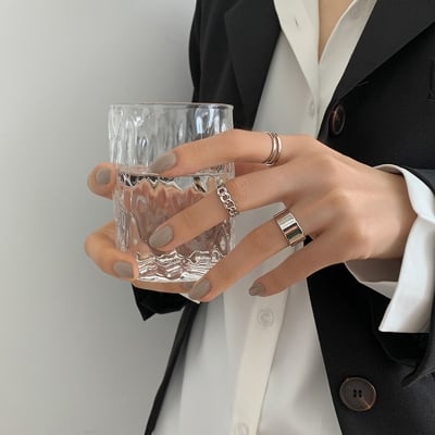 Picture of Three-piece Suit Ring/Opening Adjustable Ring Set/Vintage Drop Acrylic Ring Set Chain Jewelry Valentine's Day Gifts for Girlfriend (Silver,Adjustable)