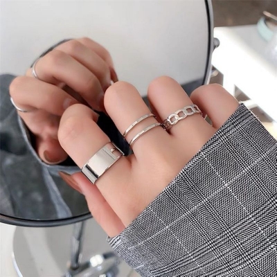 Picture of Korean Three-piece Suit Ring/Opening Adjustable Ring Set/Vintage Drop Acrylic Ring Set Chain Jewelry Valentine's Day Gifts for Girlfriend (Silver,Adjustable)