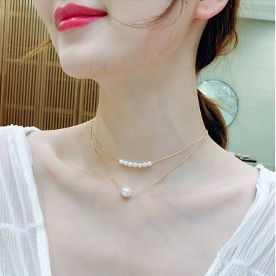 Picture of Simple Fashion Imitation Pearl Double Layer Clavicle Chain Necklace Accessories Female Jewelry New (Gold,Adjustable)