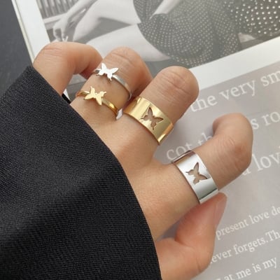 Picture of SDEER 2pcs/set Simple Aolly Heart Moon shape Dolphin Open Rings Set Butterfly Couple Rings Bow Fashion Jewelry (Silver,Adjustable)