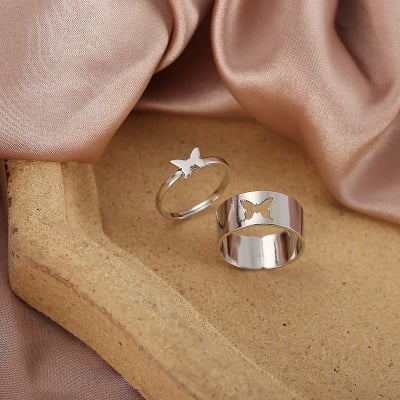 Picture of Butterfly King and Queen Couple Ring Set In Titanium Colour (Silver,Adjustable)