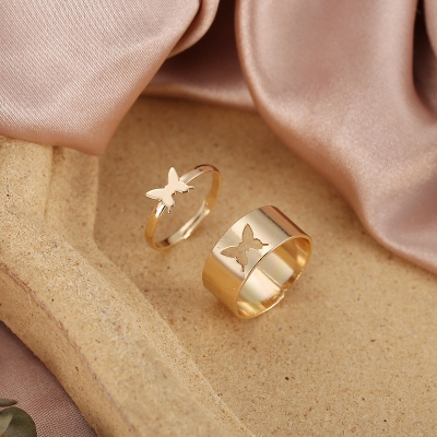Picture of Butterfly King and Queen Couple Ring Set In Titanium Colour (Brown,Adjustable)