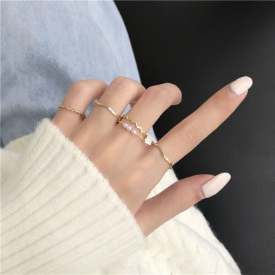 Picture of Ring Set Temperament Fashionable and Popular Women's Multi-layer Ring Twist Pearl Opening Beautiful Hand-tail Ring 5pcs Set (Gold,Adjustable)