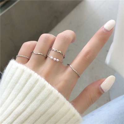Picture of Ring Set Temperament Fashionable and Popular Women's Multi-layer Ring Twist Pearl Opening Beautiful Hand-tail Ring 5pcs Set (Silver,Adjustable)