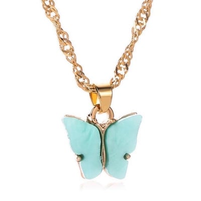 Picture of Korean Fashion Cute Butterfly Pendant Necklace for Women Golden Color Statement Necklace Jewelry Gifts (Light blue,Adjustable)