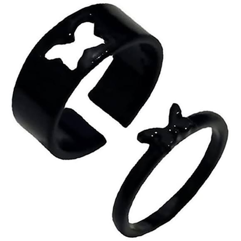 Picture of Butterfly King and Queen Couple Ring Set In Titanium Colour (Black,Adjustable)
