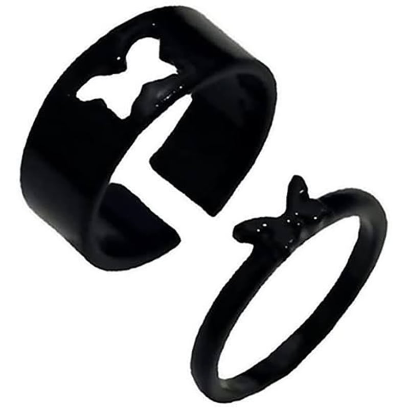 Picture of SDEER 2pcs/set Simple Aolly Heart Moon shape Dolphin Open Rings Set Butterfly Couple Rings Bow Fashion Jewelry (Black,Adjustable)