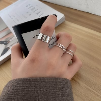 Picture of 3 pcs Rings Set Women Ring Finger Ring Ladies Girls couple rings ear rings Female Rings For Women Finger Ring For Women Rings Women fashion (Silver,Adjustable)