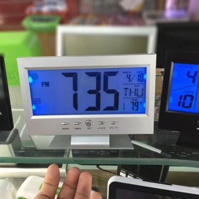 Picture of Digital table clock Voice Control LED Snooze Alarm Clock with Date; Time; Temperature Calendar Automatic Back-light (Multicolor)