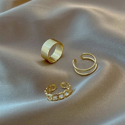 Picture of Three-piece Suit Ring/Opening Adjustable Ring Set/Vintage Drop Acrylic Ring Set Chain Jewelry Valentine's Day Gifts for Girlfriend (Gold,Adjustable)