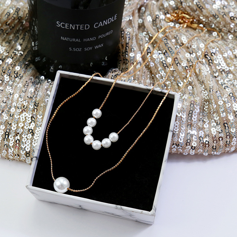 Picture of Smoxx Korean Fashion Elongated Pearl Necklace, Simple Thin Knotted Chain Size,Double Layer Clavicle Chain Jewelry Valentine's Day Gifts for Girlfriend (Gold,Adjustable)