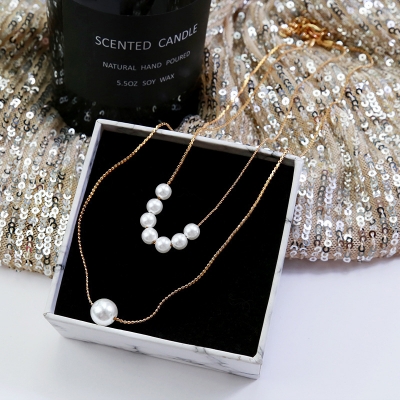 Picture of Smoxx Korean Fashion Elongated Pearl Necklace, Simple Thin Knotted Chain Size,Double Layer Clavicle Chain Jewelry Valentine's Day Gifts for Girlfriend (Gold,Adjustable)