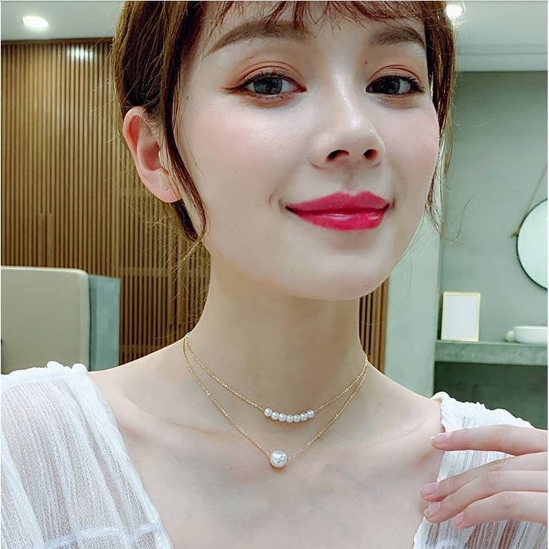 Picture of Nice And Simple Fashion Imitation Pearl Double Layer Clavicle Chain Necklace Accessories Female Jewelry New (Gold,Adjustable)