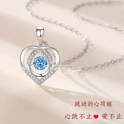 Picture of High Quality 925 Silver Blue Heart-Beat Love Neckless for Girls (Silver)