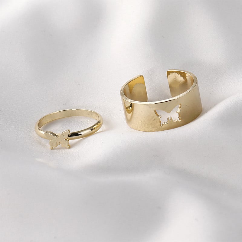 Picture of SDEER 2pcs/set Simple Aolly Heart Moon shape Dolphin Open Rings Set Butterfly Couple Rings Bow Fashion Jewelry (Gold,Adjustable)