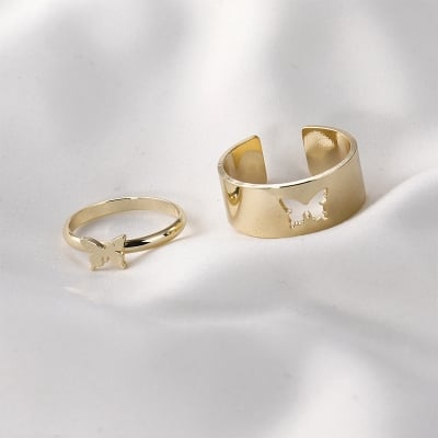 Picture of SDEER 2pcs/set Simple Aolly Heart Moon shape Dolphin Open Rings Set Butterfly Couple Rings Bow Fashion Jewelry (Gold,Adjustable)
