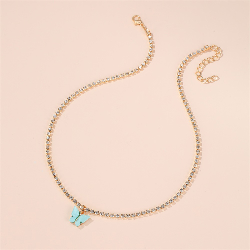 Picture of Butterfly Pearl Beads Pendant Chain Choker Necklace (Light blue,Adjustable)
