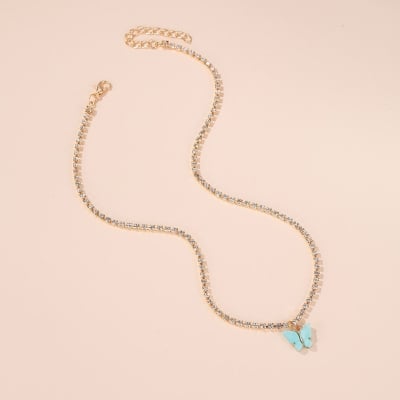 Picture of Korean Fashion Cute Butterfly Pendant Necklace for Women Golden Color Statement Necklace Jewelry Gifts (Light blue,Adjustable)