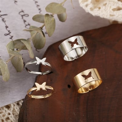 Picture of Butterfly Rings For Women Men Lover Couple Ring Set Open Cuff Engagement Wedding Rings Adjustable - Ring S (Gold,Adjustable)