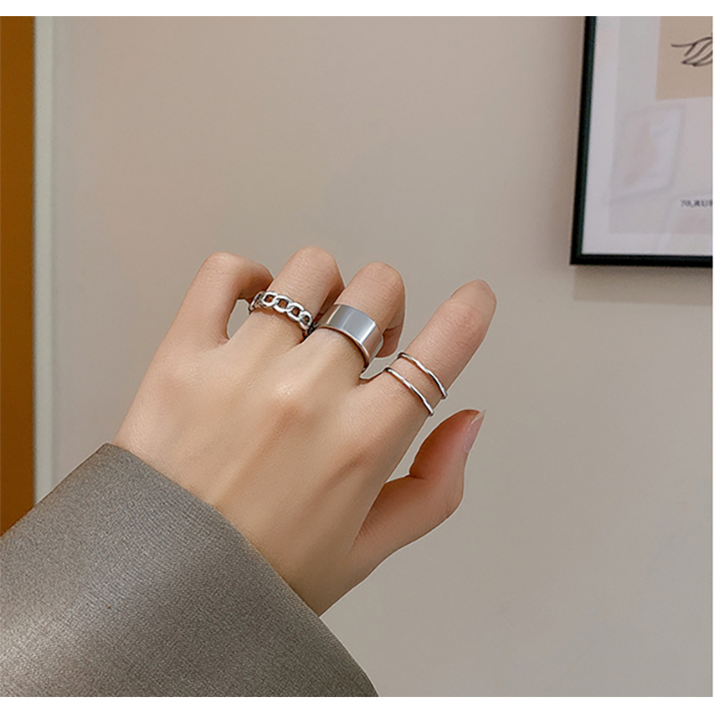 Picture of Korean Three-piece Suit Ring/Opening Adjustable Ring Set/Vintage Drop Acrylic Ring Set Chain Jewelry Valentine's Day Gifts for Girlfriend (Silver,Adjustable)
