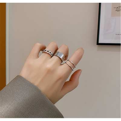 Picture of Korean Three-piece Suit Ring/Opening Adjustable Ring Set/Vintage Drop Acrylic Ring Set Chain Jewelry Valentine's Day Gifts for Girlfriend (Silver,Adjustable)