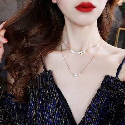Picture of Smoxx Korean Fashion Elongated Pearl Necklace, Simple Thin Knotted Chain Size,Double Layer Clavicle Chain Jewelry Valentine's Day Gifts for Girlfriend (Gold,Adjustable)