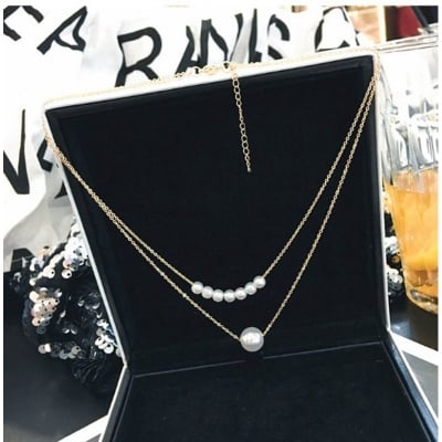 Picture of Fashion Simple Double-Layer Pearl Necklace Korean Temperament Short Clavicle Chain Female Tide Necklace Jewelry Gift (Gold,Adjustable)