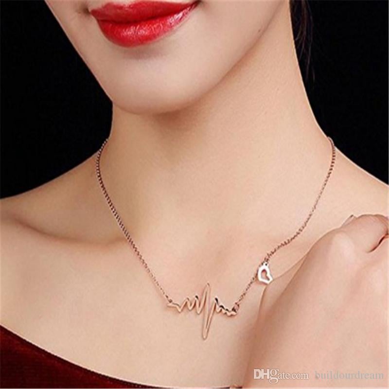 Picture of ECG Heart beat Chick Pendant Necklaces for women and girl (Gold,Adjustable)