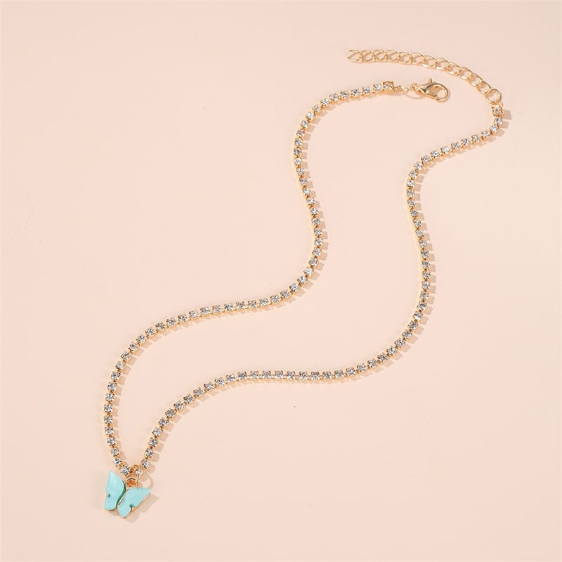 Picture of Korean Fashion Cute Butterfly Pendant Necklace for Women Golden Color Statement Necklace Jewelry Gifts (Light blue,Adjustable)
