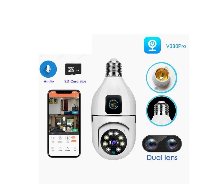 Picture of V380 Pro Dual Lens Dual Screen E27 Bulb Camera Two Ways Audio Color Night Vision Smart Home Security Wireless WIFI Indoor Camera SD 128 GB
