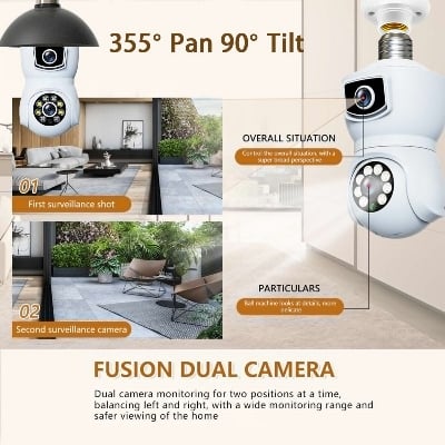 Picture of SUPER CLEAR 2MP+2MP V380 PRO Light Bulb Security Camera 360 Degree WiFi Security Cameras Night Vision 10x Hybrid Zoom for E27 Socket White