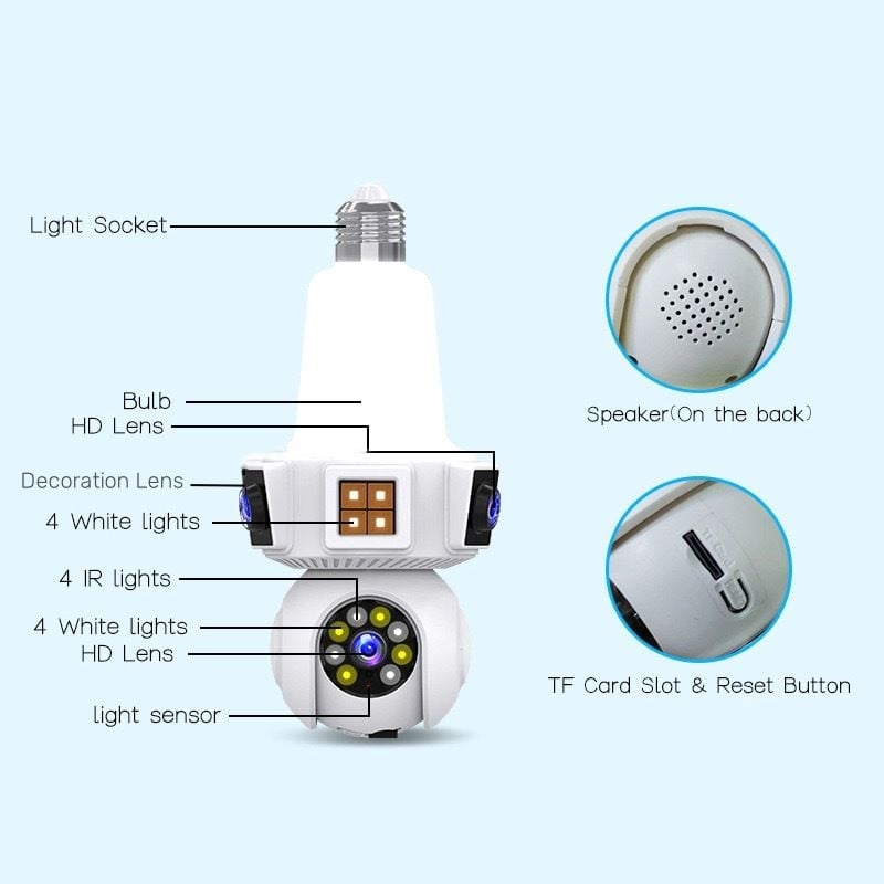 Picture of V380 PRO REAL 3 LENS BULB CAMERA FULL NIGHT COLOR 6MP( 2MP+2MP+2MP) WIFI  Three Lens 3 Screens Ip Cctv Color Night Vision Ptz Two Way Audio Security Light Bulb Camera
