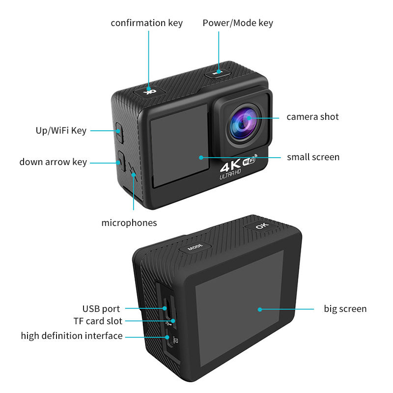 Picture of AUSEK AT-Q60AR-T 4K 4K30fps/60fps WiFi Sports Camera 2-inch + 1.3-inch dual screen with touch and timer selfie "touch Screen Waterproof 30M Sport AUSEK Action Camera 900MH BTTERY 90 MIN VIDEO