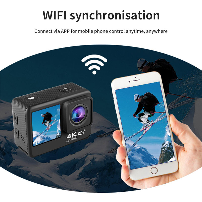 Picture of AUSEK AT-Q60AR-T 4K 4K30fps/60fps WiFi Sports Camera 2-inch + 1.3-inch dual screen with touch and timer selfie "touch Screen Waterproof 30M Sport AUSEK Action Camera 900MH BTTERY 90 MIN VIDEO