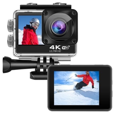 Picture of AUSEK AT-Q60AR-T 4K 4K30fps/60fps WiFi Sports Camera 2-inch + 1.3-inch dual screen with touch and timer selfie "touch Screen Waterproof 30M Sport AUSEK Action Camera 900MH BTTERY 90 MIN VIDEO