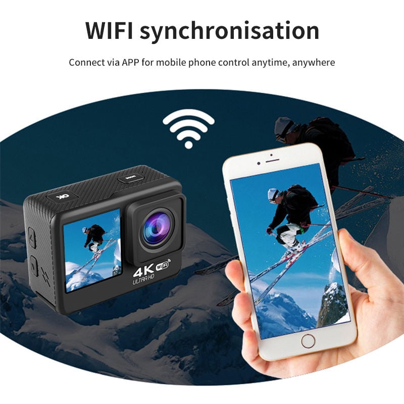 Picture of AUSEK AT-Q60AR-T 4K 4K30fps/60fps WiFi Sports Camera 2-inch + 1.3-inch dual screen with touch and timer selfie "touch Screen Waterproof 30M Sport AUSEK Action Camera 900MH BTTERY 90 MIN VIDEO