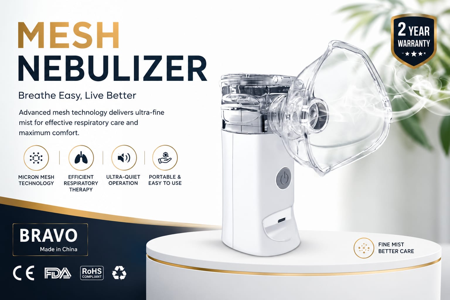 Picture of BRAVO Premium Portable Mesh Nebulizer Ultra-Quiet Handheld Inhalation Therapy Device for Children & Adults (Non-Rechargeable)