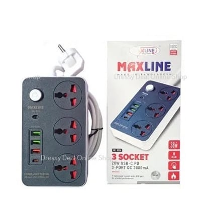 Picture of Maxline ML-804, Multifunction 3 Socket & 4 USB With Lightning Port Fast Charging PD20W QC3.0 Multiplug Power 3 Socket Multiplug