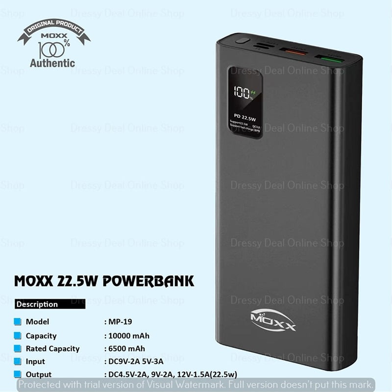 Picture of Moxx 10000 mAh 22.5W Super Fast Charging Power Bank with LED Display.
