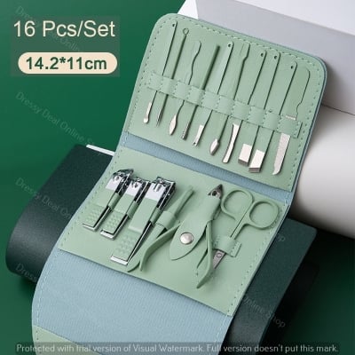Picture of Nail Clippers 16pcs Manicure & Pedicure Tool Set, Stainless Steel Nail Cutter Kit for men and women, with Leather Bag, Travel Grooming Kit for Facial, Cuticle and Nail Care