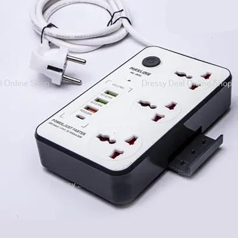Picture of Maxline ML-804, Multifunction 3 Socket & 4 USB With Lightning Port Fast Charging PD20W QC3.0 Multiplug Power 3 Socket Multiplug
