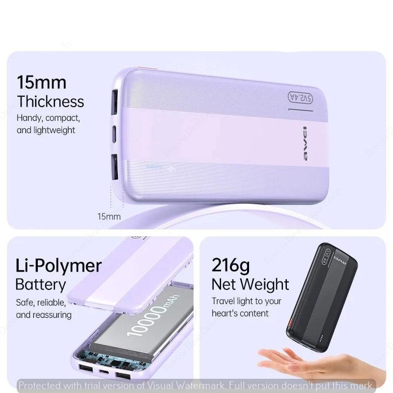 Picture of Awei P20K 10000mAh Powerbank 2.4A Slim PowerBank Dual Output