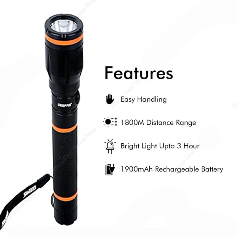 Picture of Geepas GFL4659 Rechargeable LED Flashlight - Portable Waterproof Hyper Bright 3W CREE LED Torch Light | 1.5 Hours Working with 1000M Distance Range