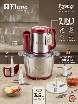 Picture of Elima Prestige 7-in-1 Multifunctional Food Chopper & Processor with vegetable Pillar – 1600W Copper Motor | 3.5L Stainless Steel Bowl