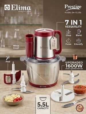 Picture of Elima Prestige 7-in-1 Multifunctional Food Chopper & Processor – 1600W Copper Motor | 5.5L Stainless Steel Bowl