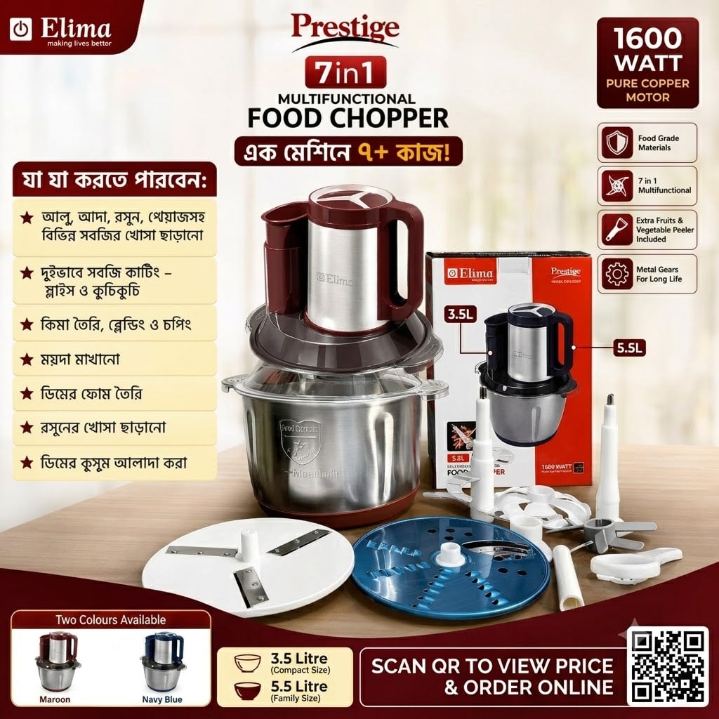 Picture of Elima Prestige 7-in-1 Multifunctional Food Chopper & Processor – 1600W Copper Motor | 5.5L Stainless Steel Bowl