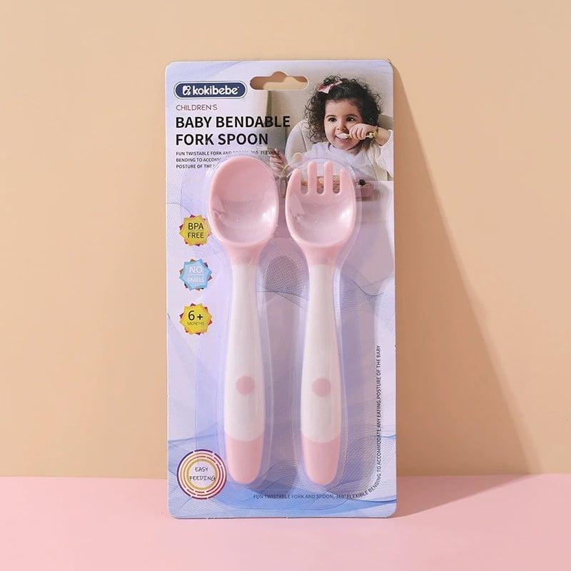 Picture of Silicone Baby Bendable Spoon Fork Utensils Set Kids Eating Training Auxiliary Food Toddler Twist Spoon Infant Children Tableware