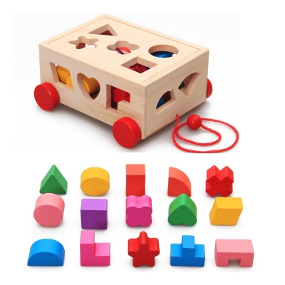 Picture of Wooden Shape Puzzle Sorting Toy Shape Sorter Car Toy Wooden Pull Push Car Educational Toys for Toddlers Kids Gift